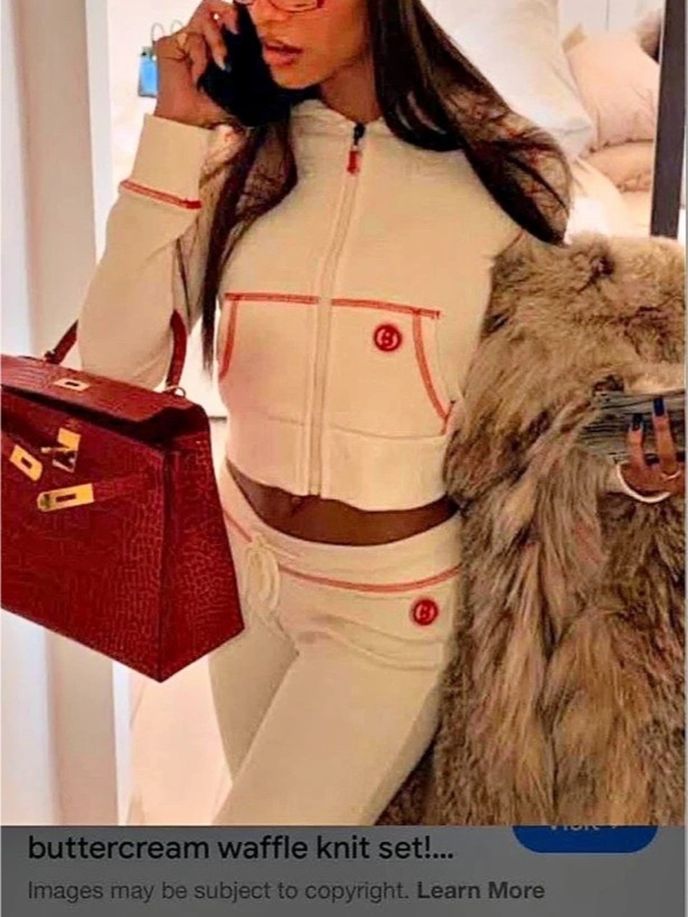 Body by Raven Tracy Waffle Knit Hoodie and Pants Set Cream & Red